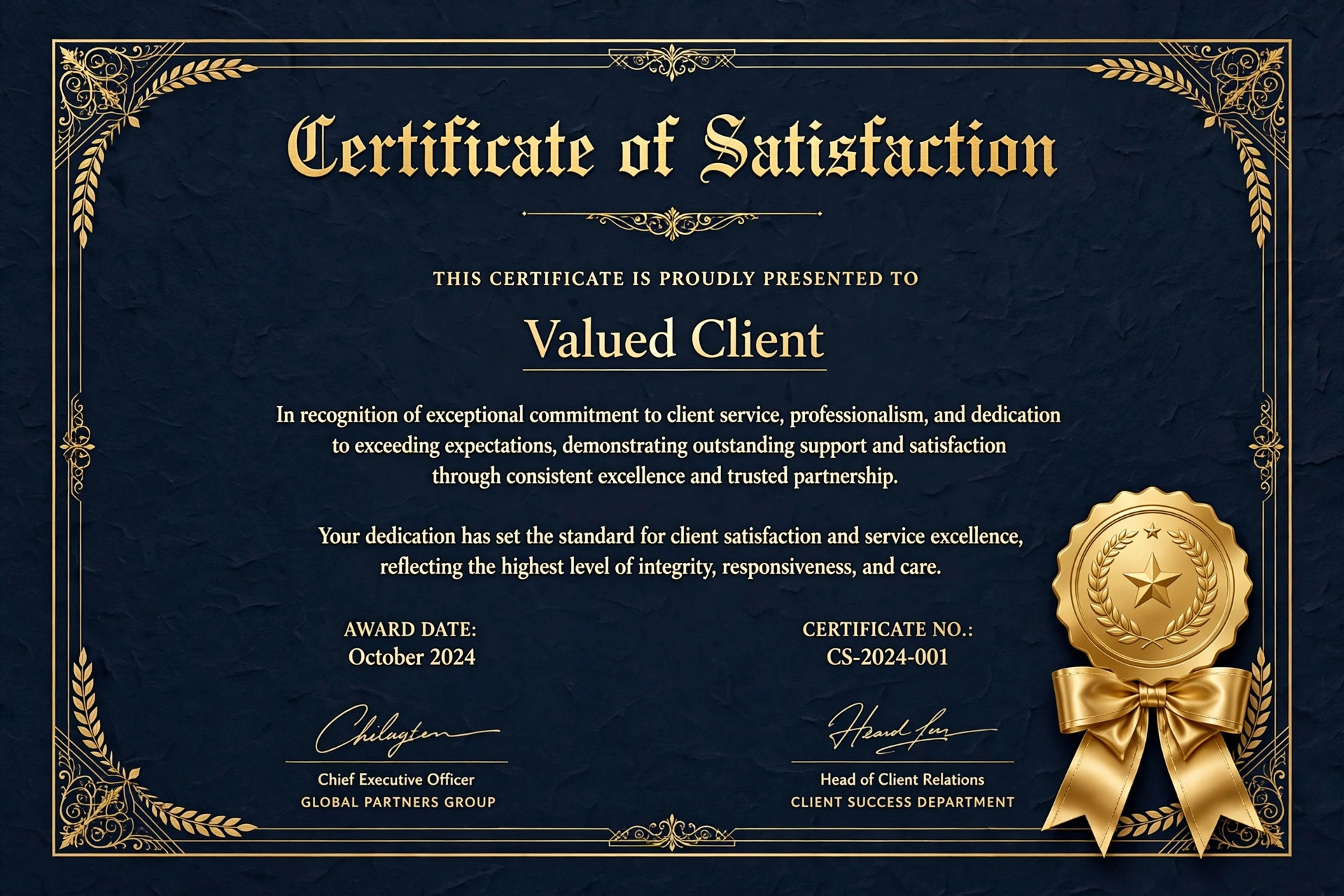 Client Satisfaction Certificate — Sample